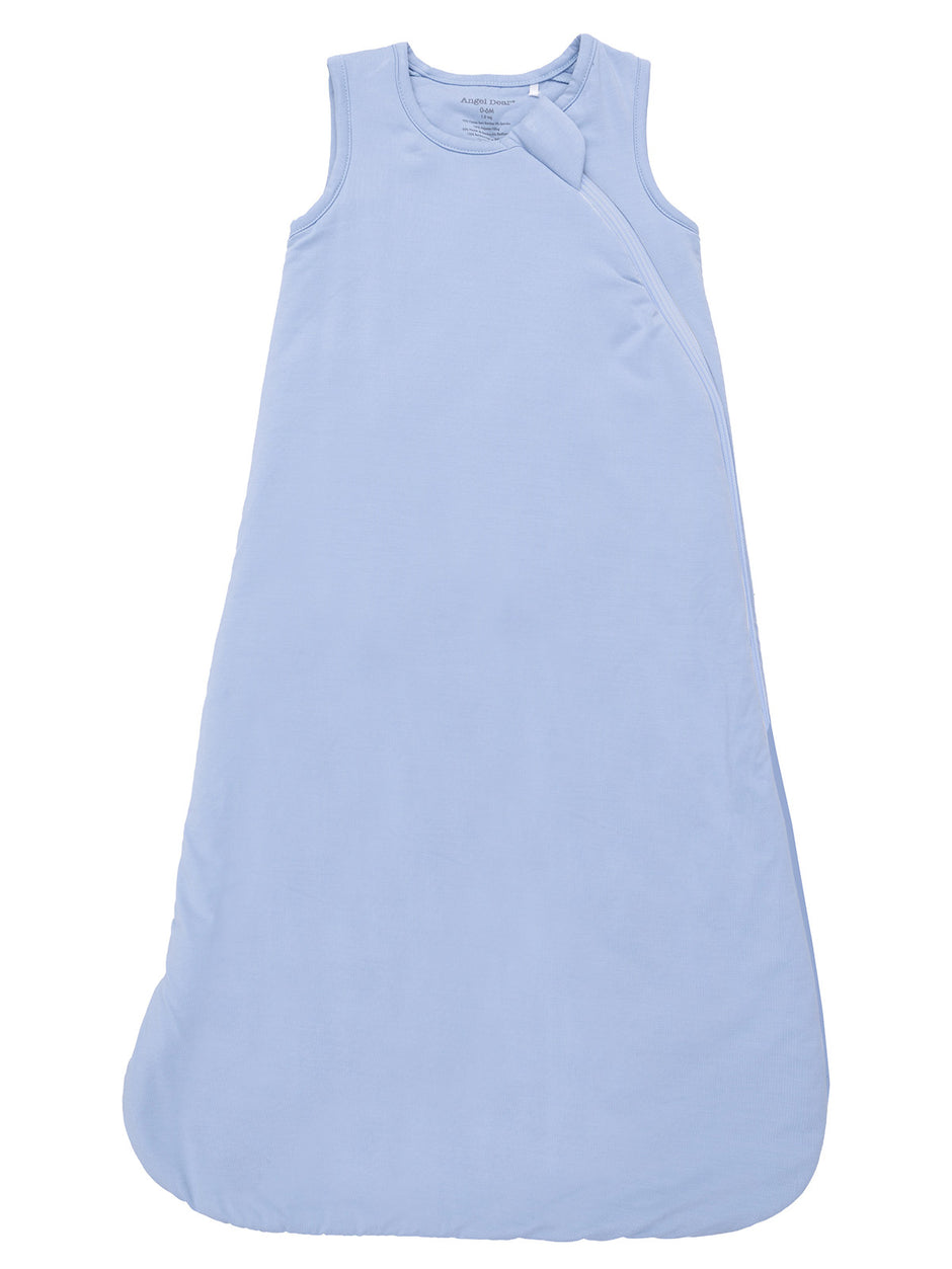 Light blue baby sleep sack with sleeveless design and side zipper for easy dressing.