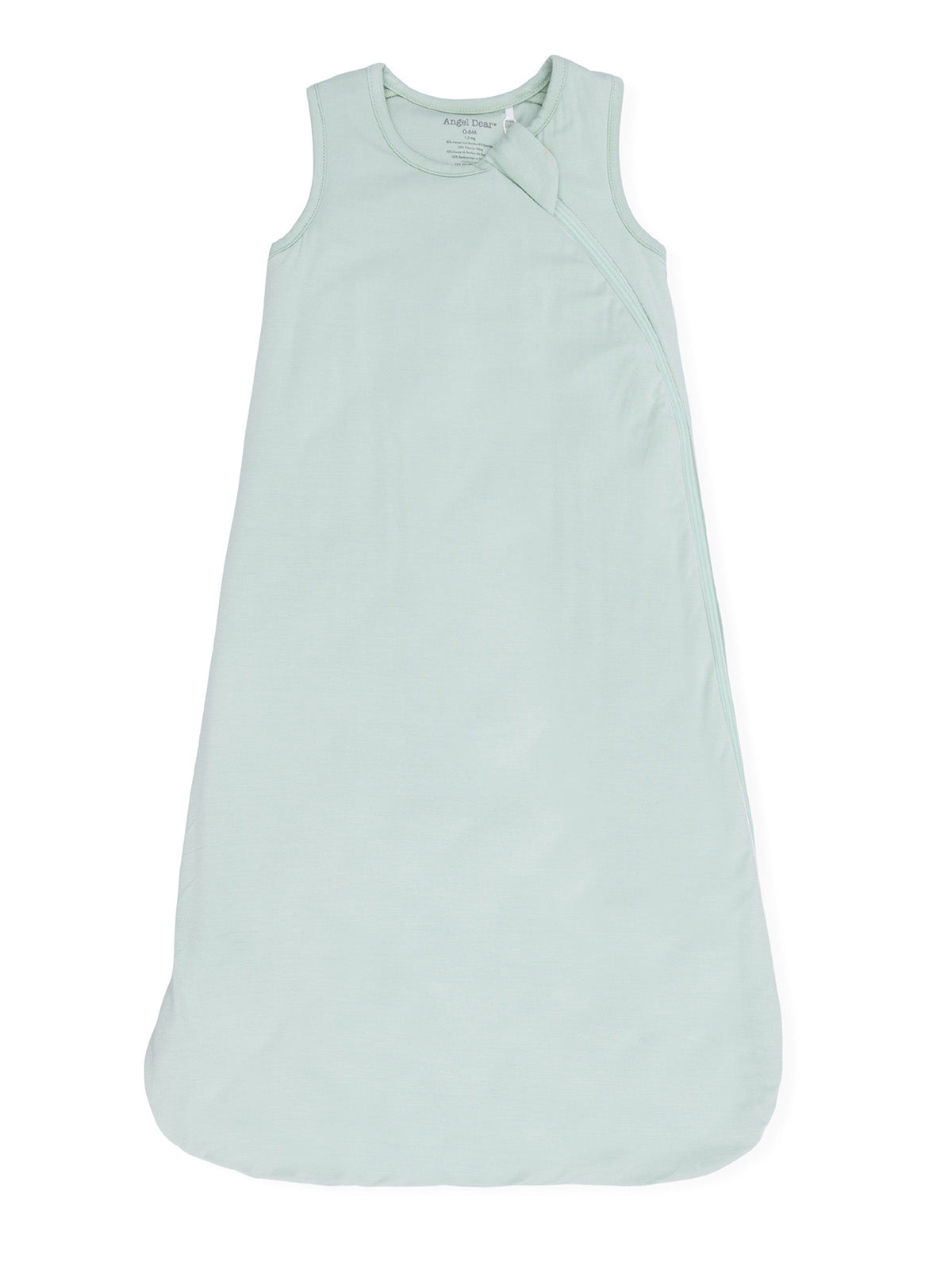 Light green baby sleep sack with sleeveless design and zipper closure. Soft material for comfort.