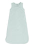 Light green baby sleep sack with sleeveless design and zipper closure. Soft material for comfort.