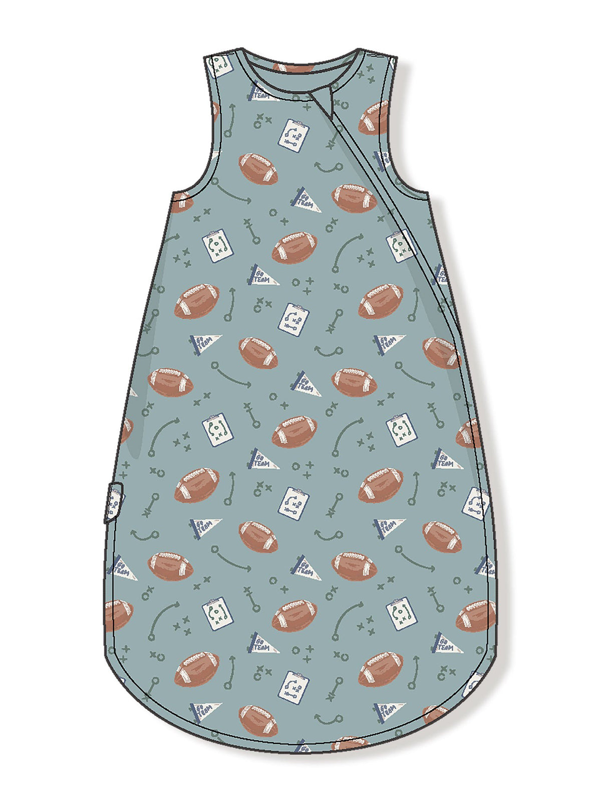 Football-themed sleep sack with patterns of footballs, play diagrams, and team flags on a soft blue background.