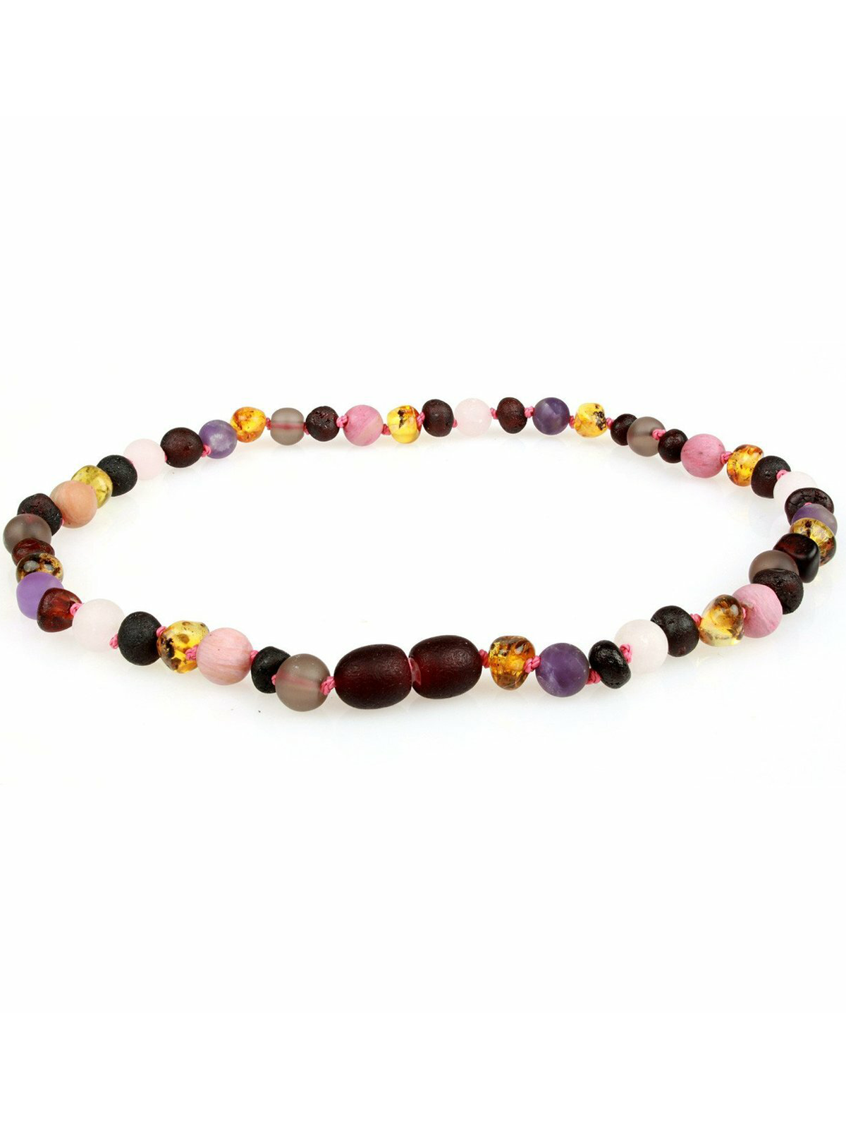 Multi-colored beaded necklace featuring round and oval beads in various hues and patterns.