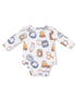 White long-sleeve baby onesie with colorful s'mores-themed cartoon patterns.