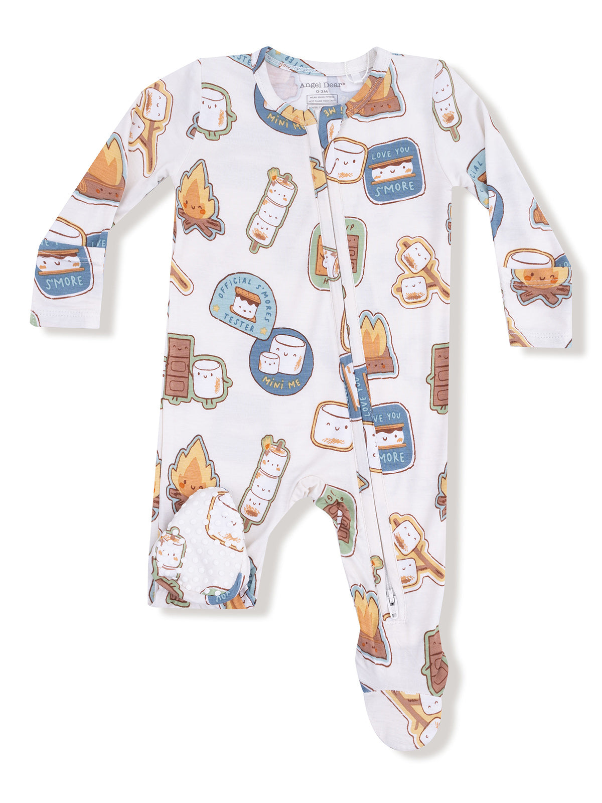 Infant footed pajamas with a s'mores theme, featuring cute cartoon marshmallows and campfire graphics.