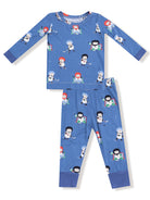 Navy pajamas featuring playful snowmen playing hockey on a light blue background.