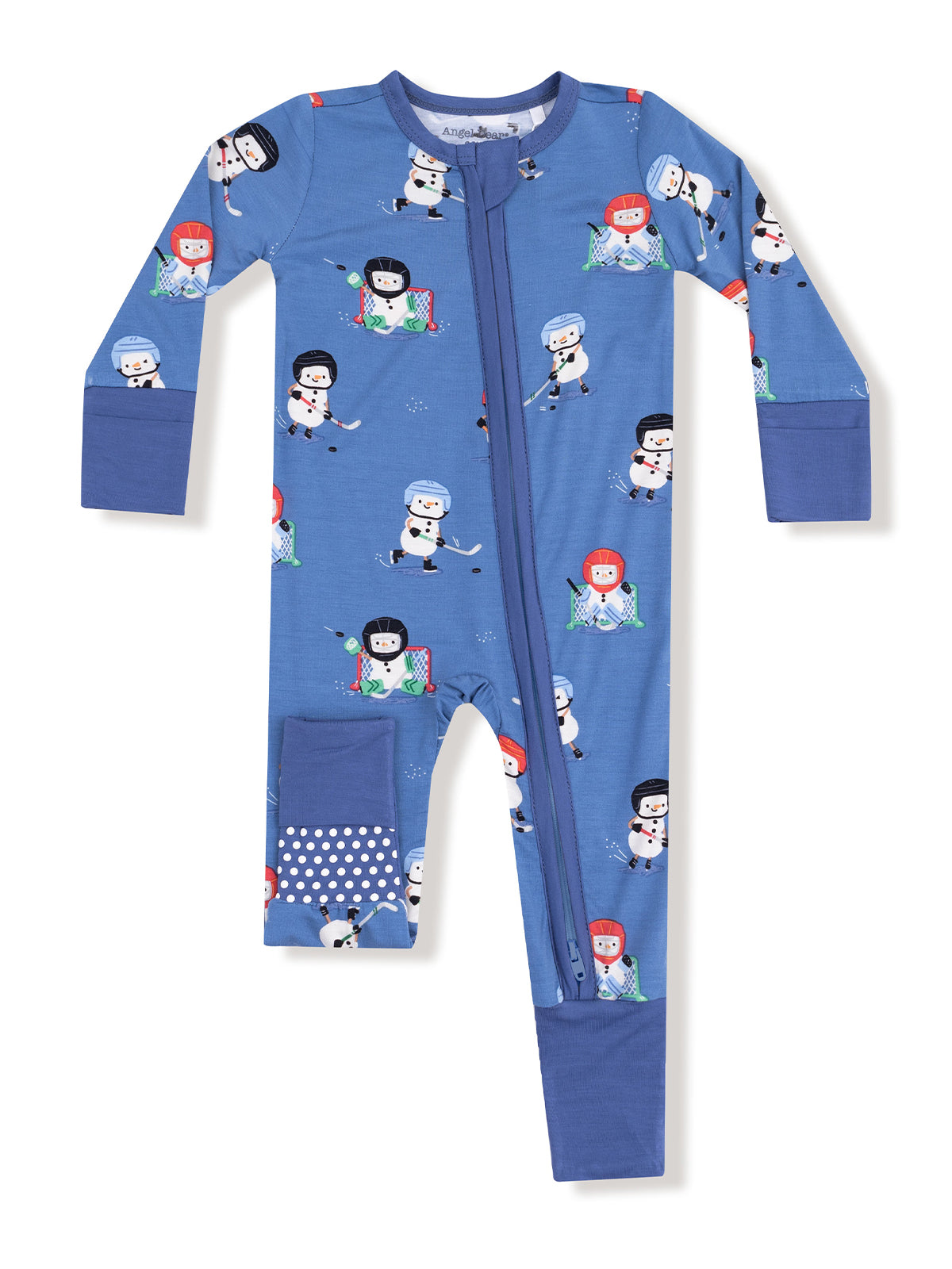Blue children's pajamas featuring hockey-playing snowmen and festive patterns. Ideal for cozy winter nights.