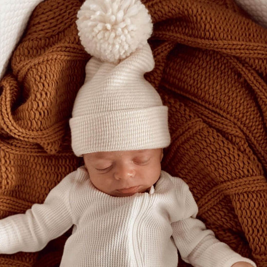 Baby's First Hat, Sand/White Stripe Pom