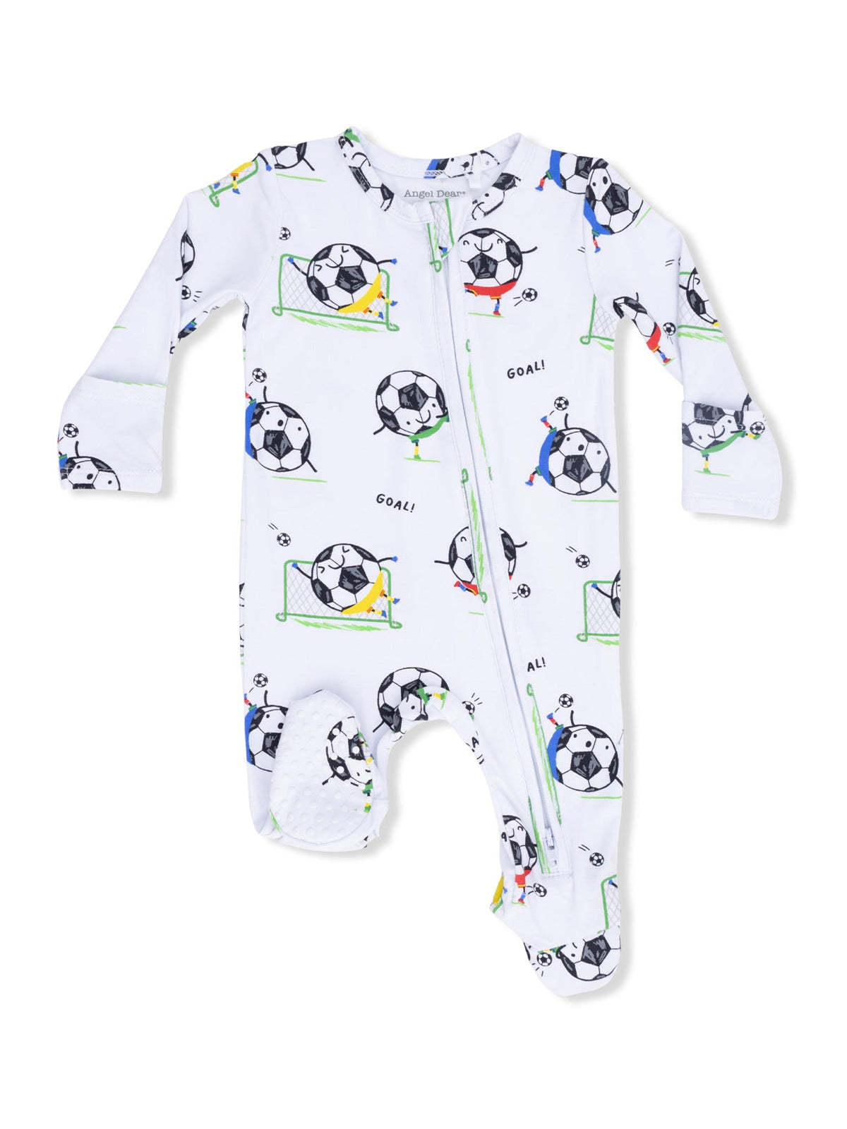 White baby onesie with soccer-themed print, featuring cartoon soccer balls and players in action.