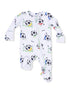 White baby onesie with soccer-themed print, featuring cartoon soccer balls and players in action.