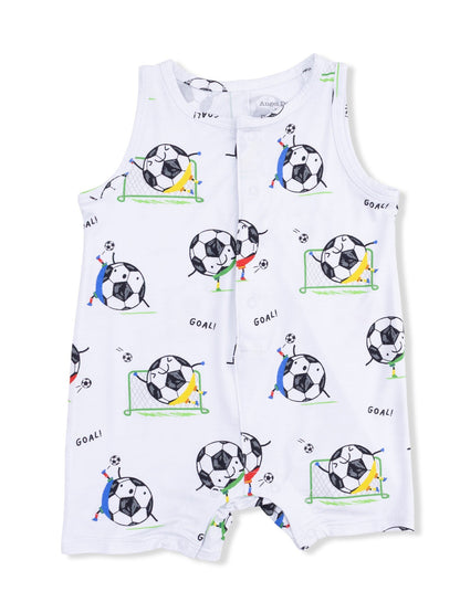White toddler romper featuring fun soccer ball and goal illustrations with playful colors and "GOAL!" text.