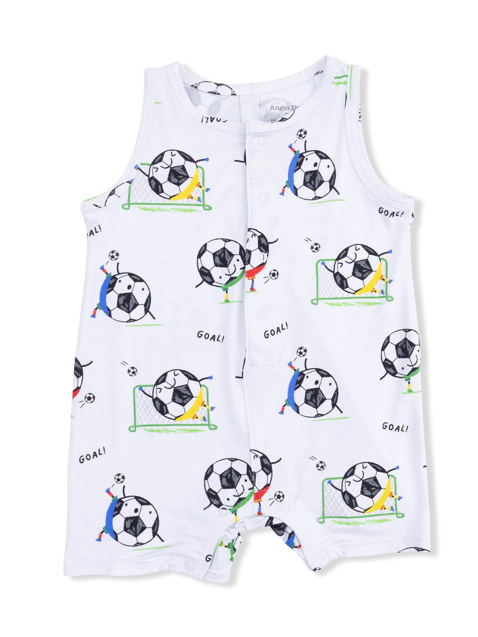 White toddler romper featuring fun soccer ball and goal illustrations with playful colors and "GOAL!" text.