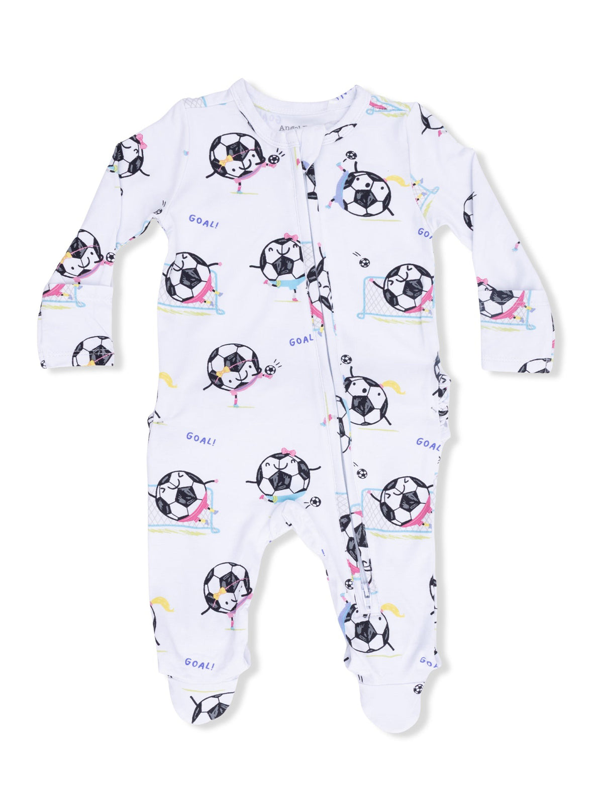 White baby onesie with playful soccer ball and character prints, featuring "GOAL!" text throughout.