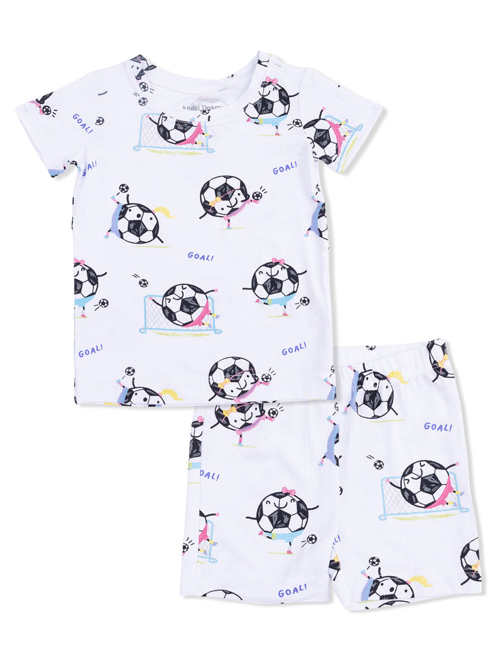 Kids' soccer-themed pajama set featuring playful illustrations of soccer balls and characters.