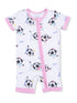 Children's romper with soccer pattern, featuring playful characters, pink trim, and front zipper. Ideal for active toddlers.
