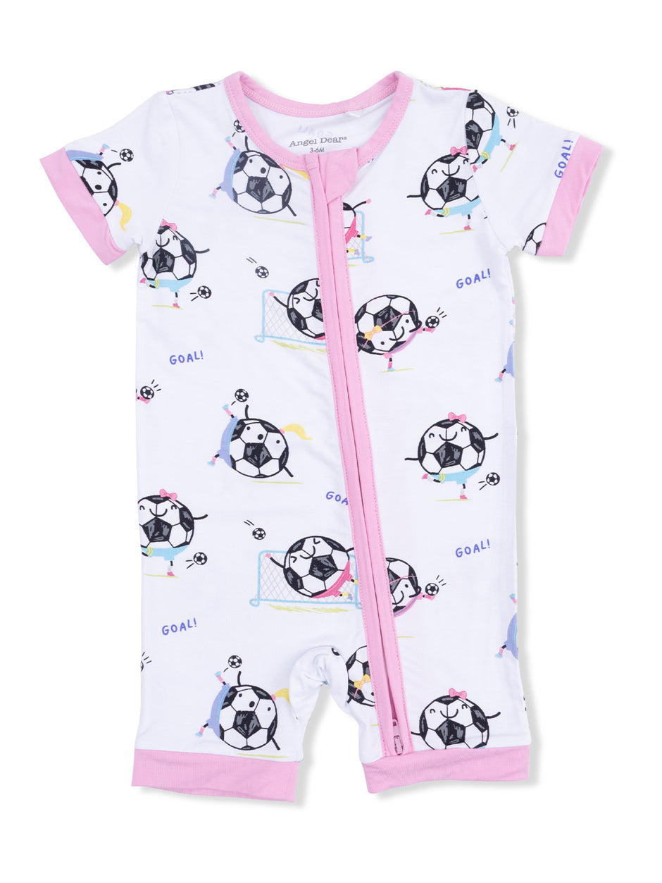 Children's romper with soccer pattern, featuring playful characters, pink trim, and front zipper. Ideal for active toddlers.
