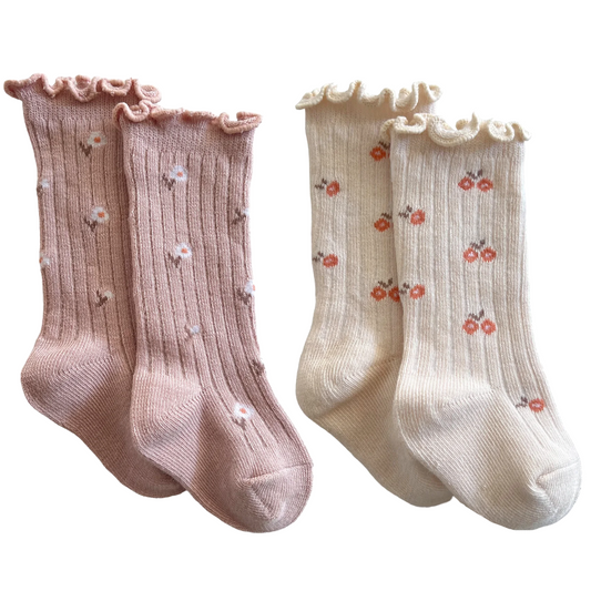 2-Pack Lettuce Edge Socks, Country Pink Floral & Ivory/Pink Floral
