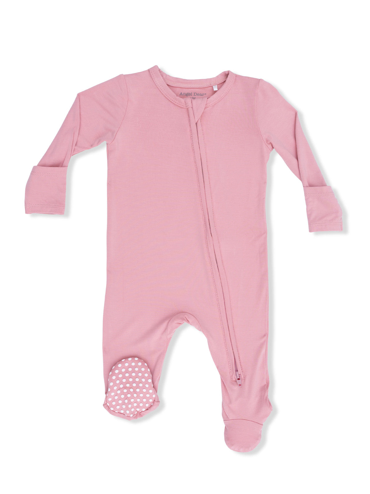 Pink long-sleeve onesie with a front zipper and polka dot accents on the feet. Ideal for infants and toddlers.