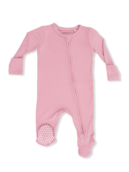 Pink long-sleeve onesie with a front zipper and polka dot accents on the feet. Ideal for infants and toddlers.