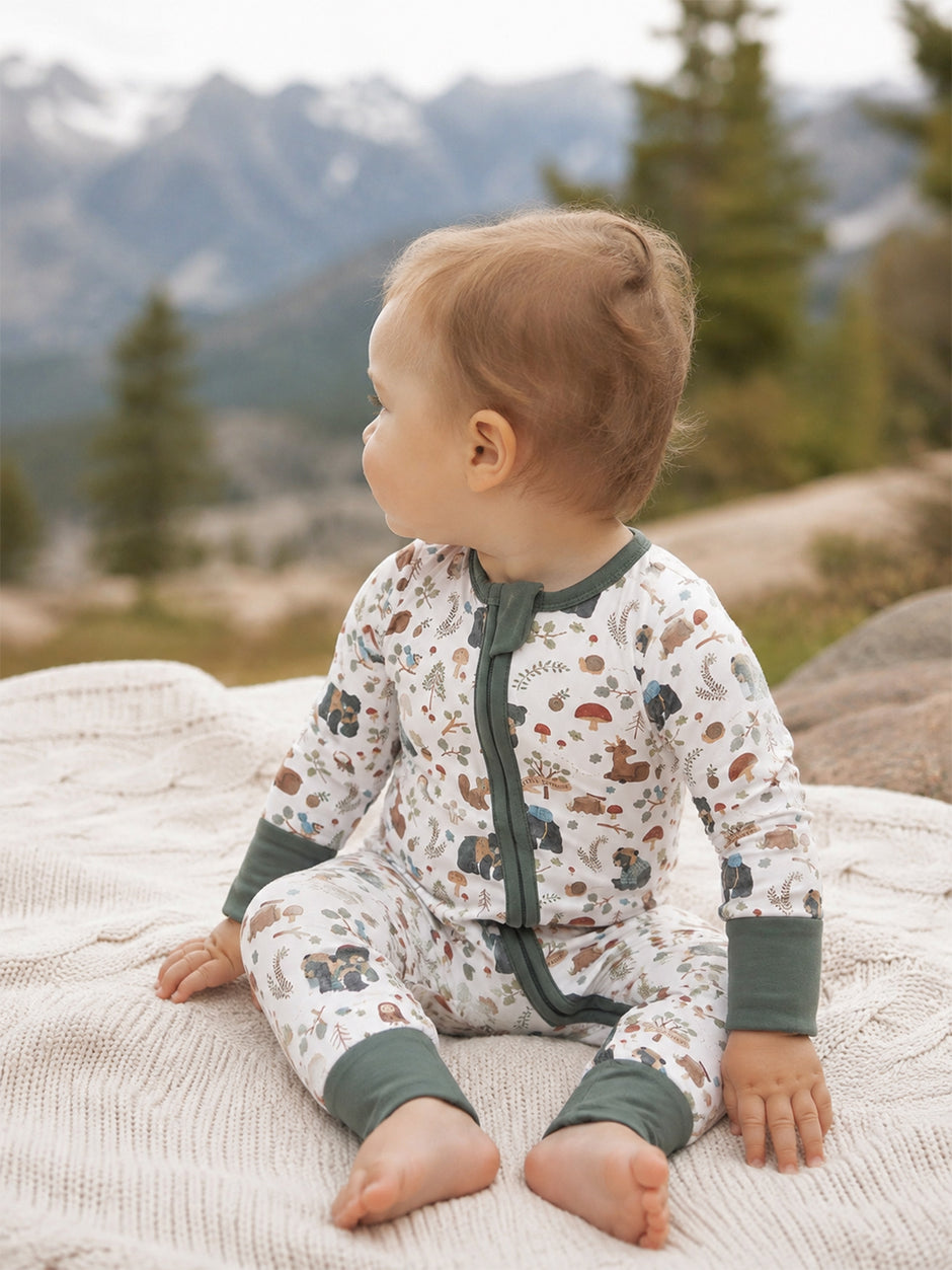2-Way Zip Romper, Southern Woodland Animals Green