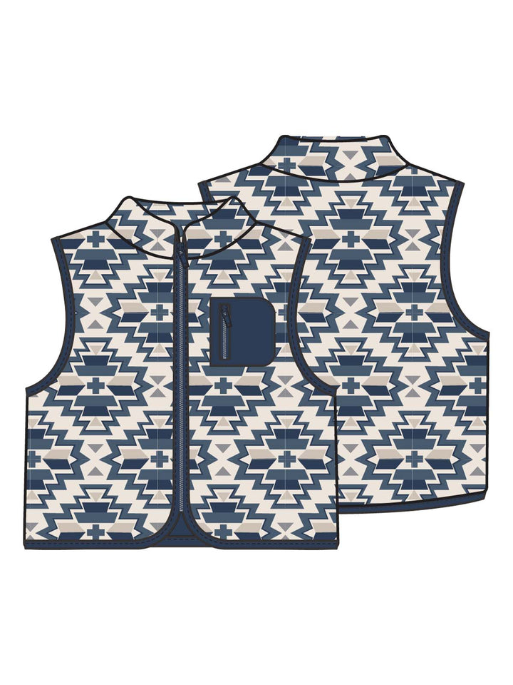 Navy and cream patterned vest with geometric designs, featuring a front zip and a small pocket.