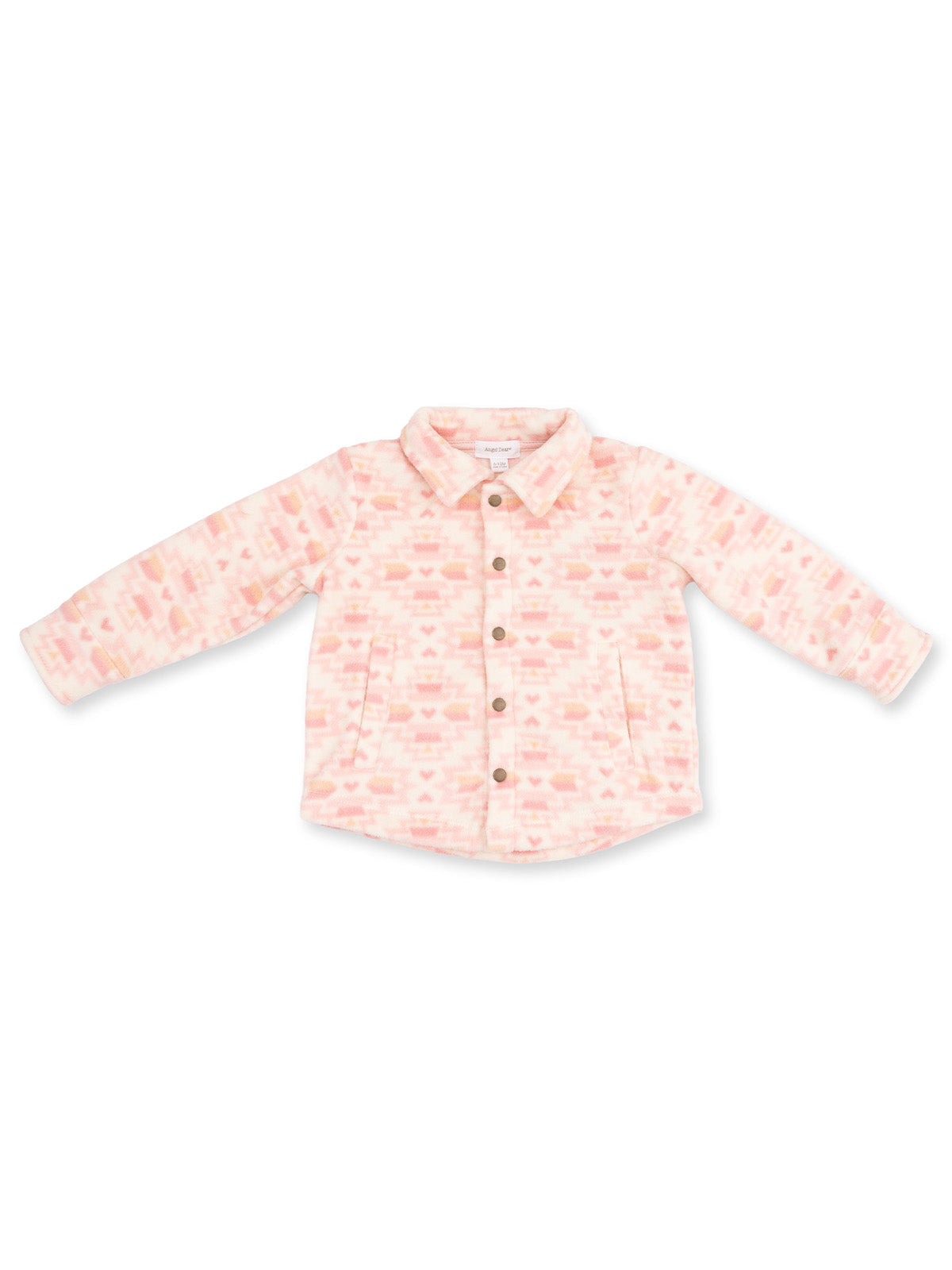 Light pink button-up jacket with patterned design and long sleeves, featuring two pockets.