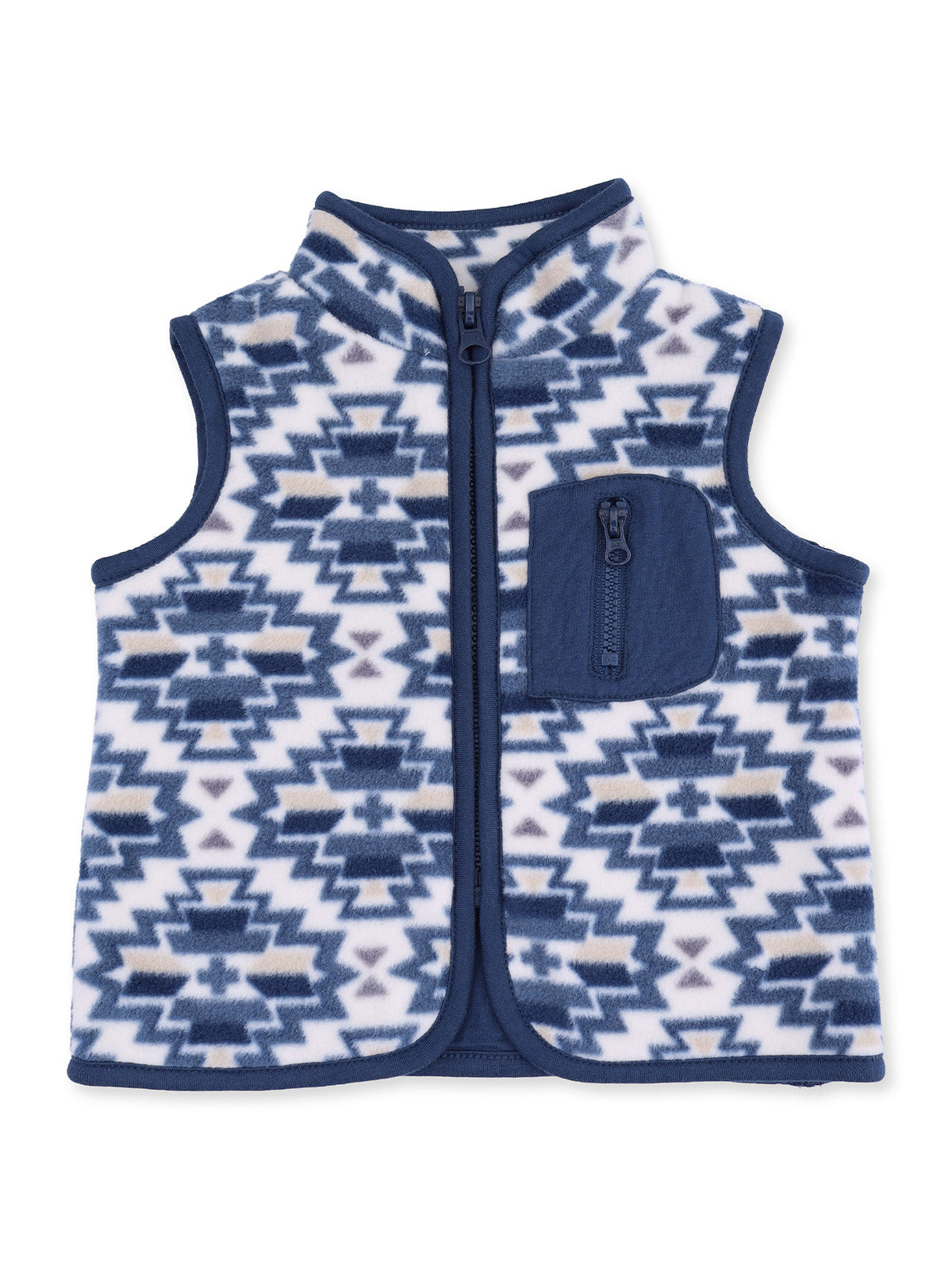 Navy and white fleece vest with geometric pattern and zip pocket, ideal for layering in cooler weather.