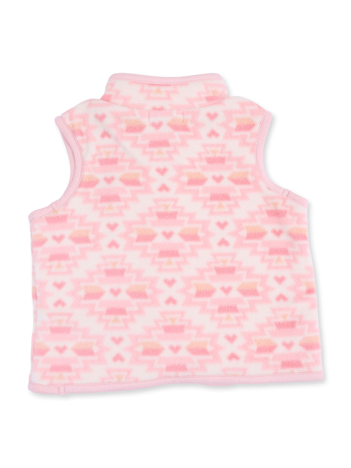 Pink fleece vest with a geometric heart pattern, featuring a high collar and sleeveless design.