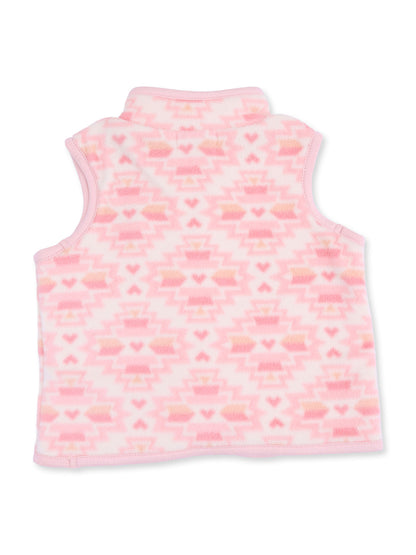Pink fleece vest with a geometric heart pattern, featuring a high collar and sleeveless design.