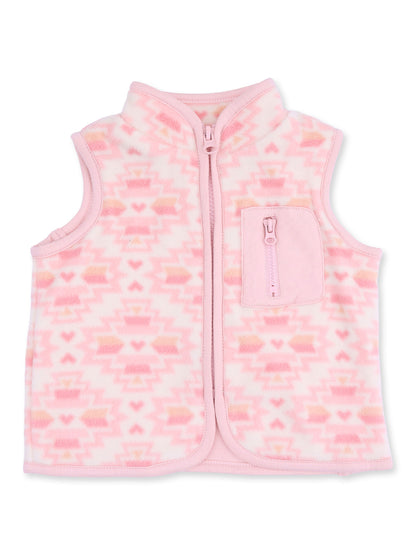 Pink fleece vest with a geometric pattern and a front zip pocket, ideal for layering in cool weather.