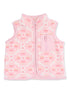 Pink fleece vest with a geometric pattern and a front zip pocket, ideal for layering in cool weather.