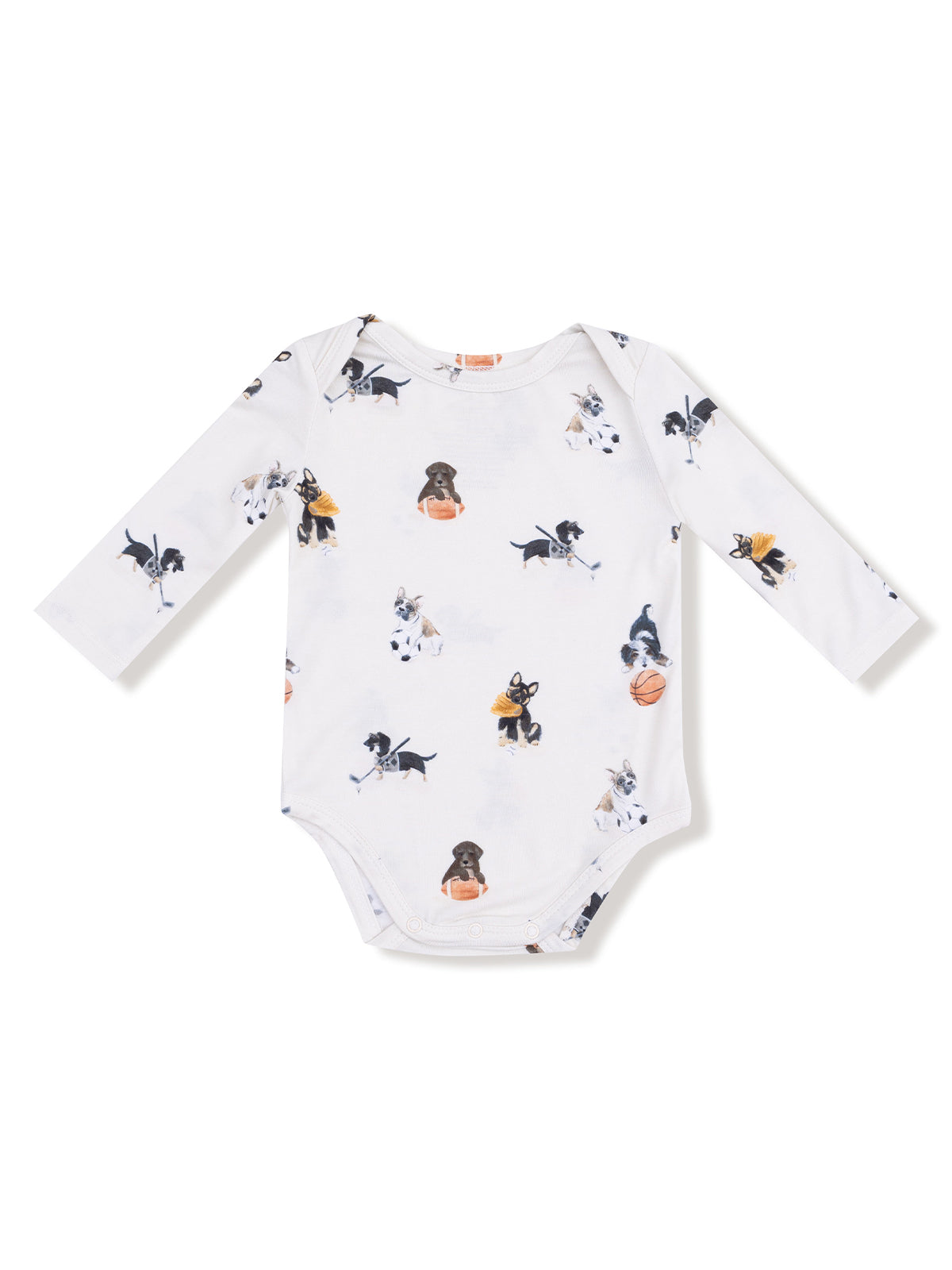 Long-sleeve onesie with playful dog prints in various activities on a white background. Ideal for babies.