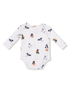 Long-sleeve onesie with playful dog prints in various activities on a white background. Ideal for babies.