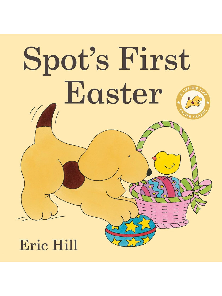 Illustration of a playful puppy with an Easter basket and eggs, titled "Spot's First Easter" by Eric Hill.