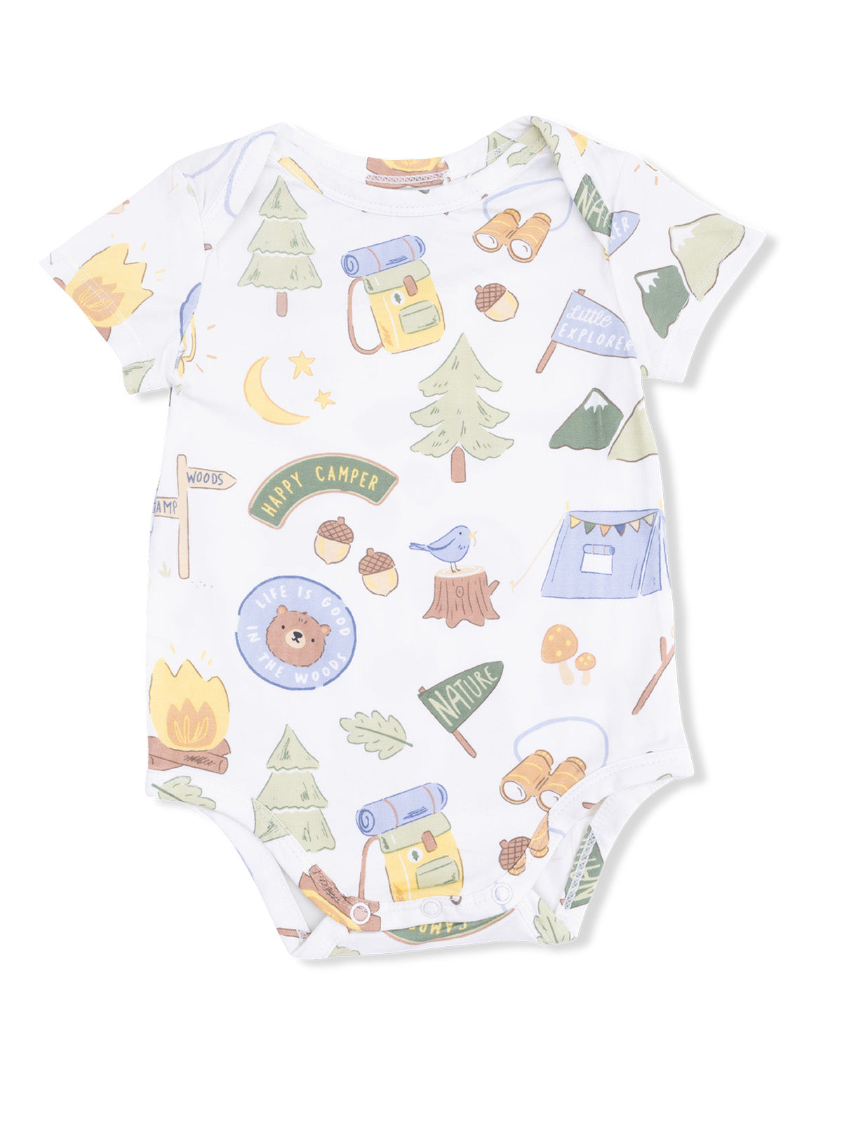 Baby onesie with nature-themed illustrations including trees, a bear, and camping gear. Ideal for outdoor adventures.