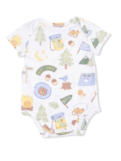 Baby onesie with nature-themed illustrations including trees, a bear, and camping gear. Ideal for outdoor adventures.