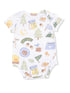 Baby onesie with nature-themed illustrations including trees, a bear, and camping gear. Ideal for outdoor adventures.