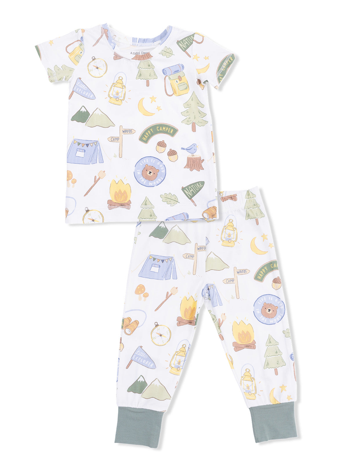 Kids' camping-themed pajamas featuring playful graphics of trees, tents, lanterns, and a bear.