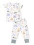 Kids' camping-themed pajamas featuring playful graphics of trees, tents, lanterns, and a bear.