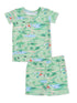 Children's green pajama set with playful golf-themed graphics of animals and nature. Short-sleeve top and shorts.