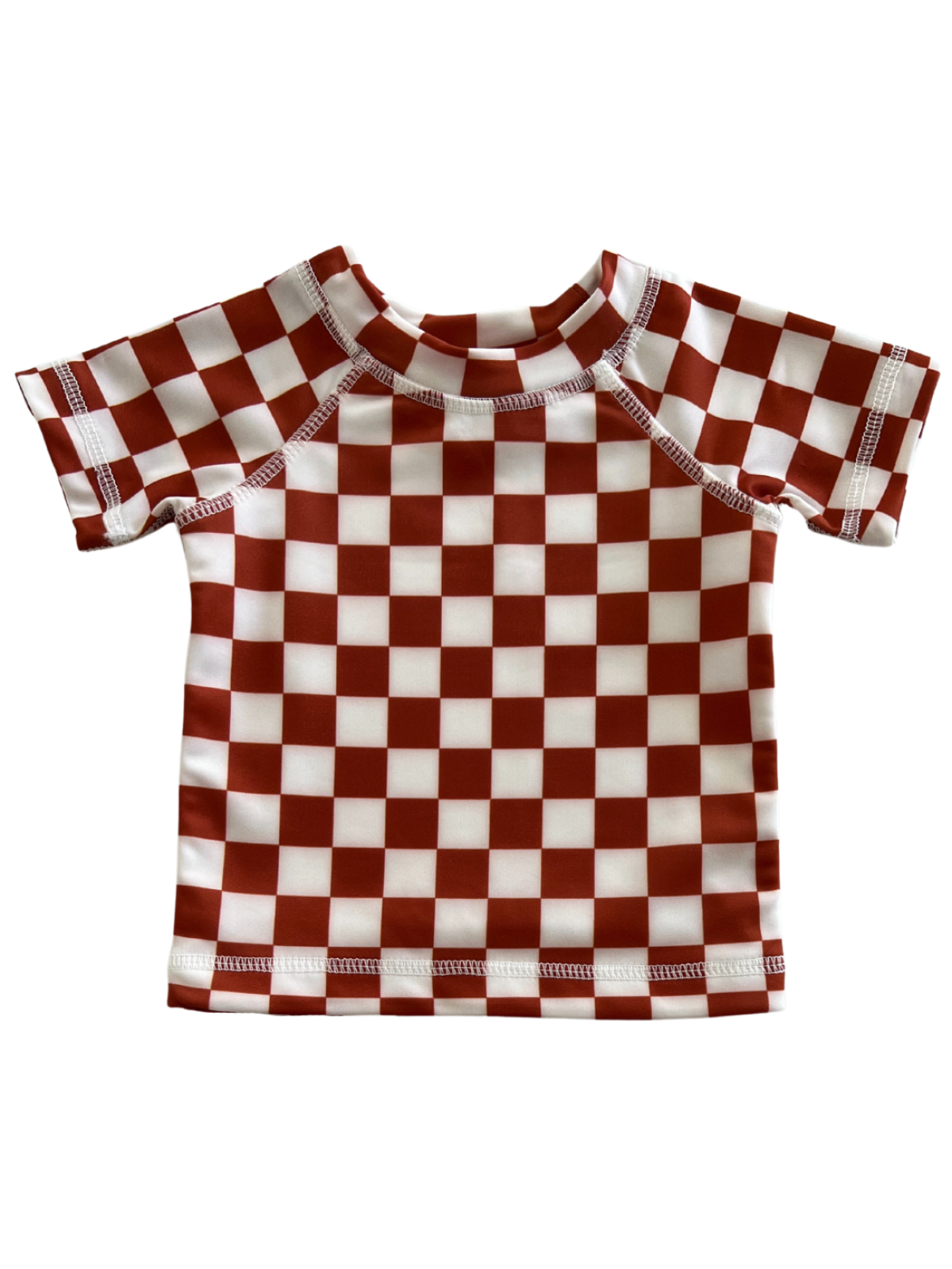 Red and white checked short-sleeve shirt for kids, ideal for sun and water activities.