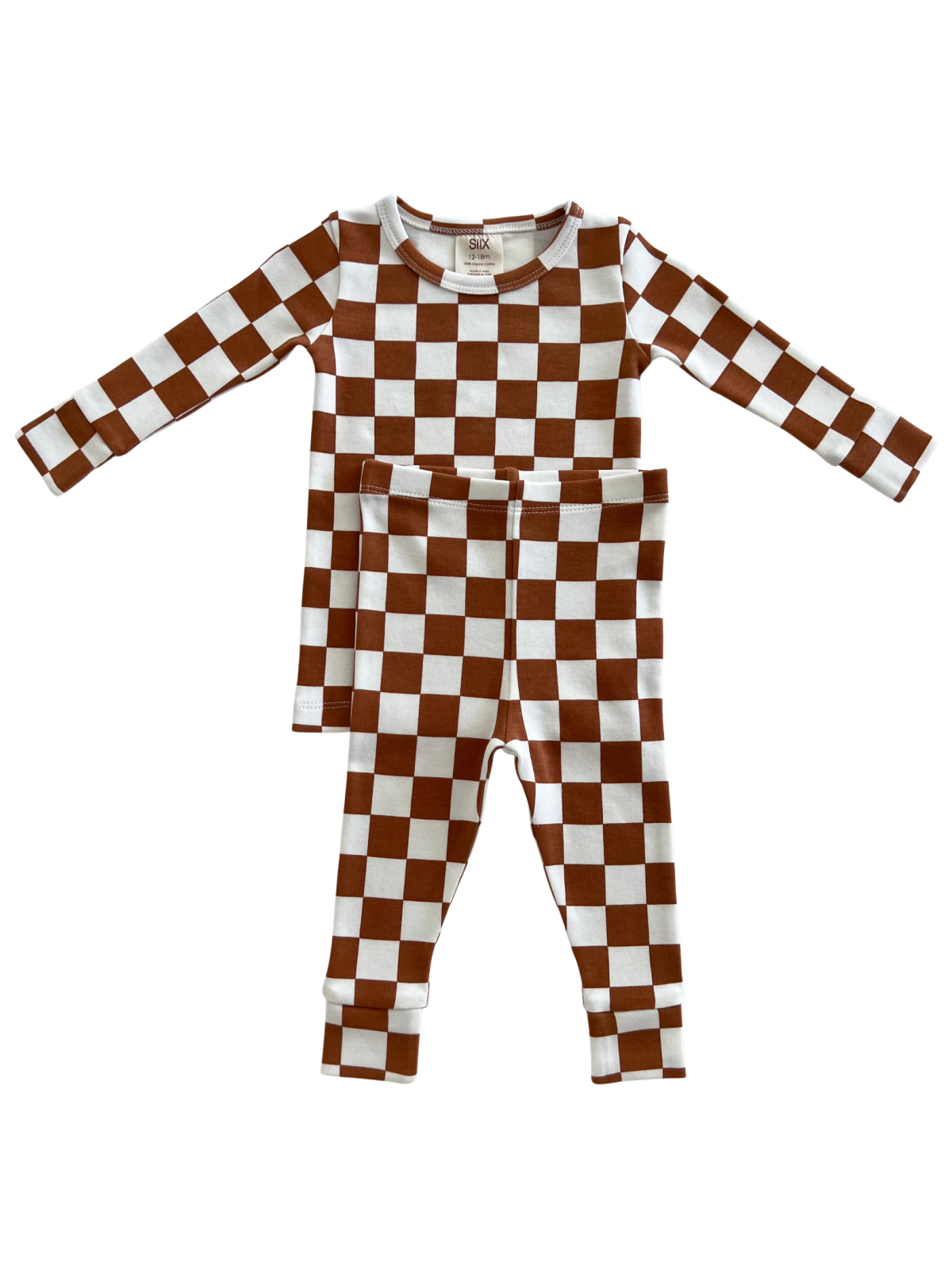 Brown and white checkered toddler pajamas set with long sleeves and pants.