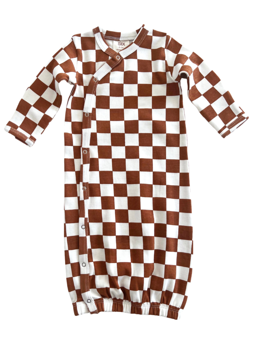 Brown and white checkered infant sleep sack with long sleeves and snap button closure.