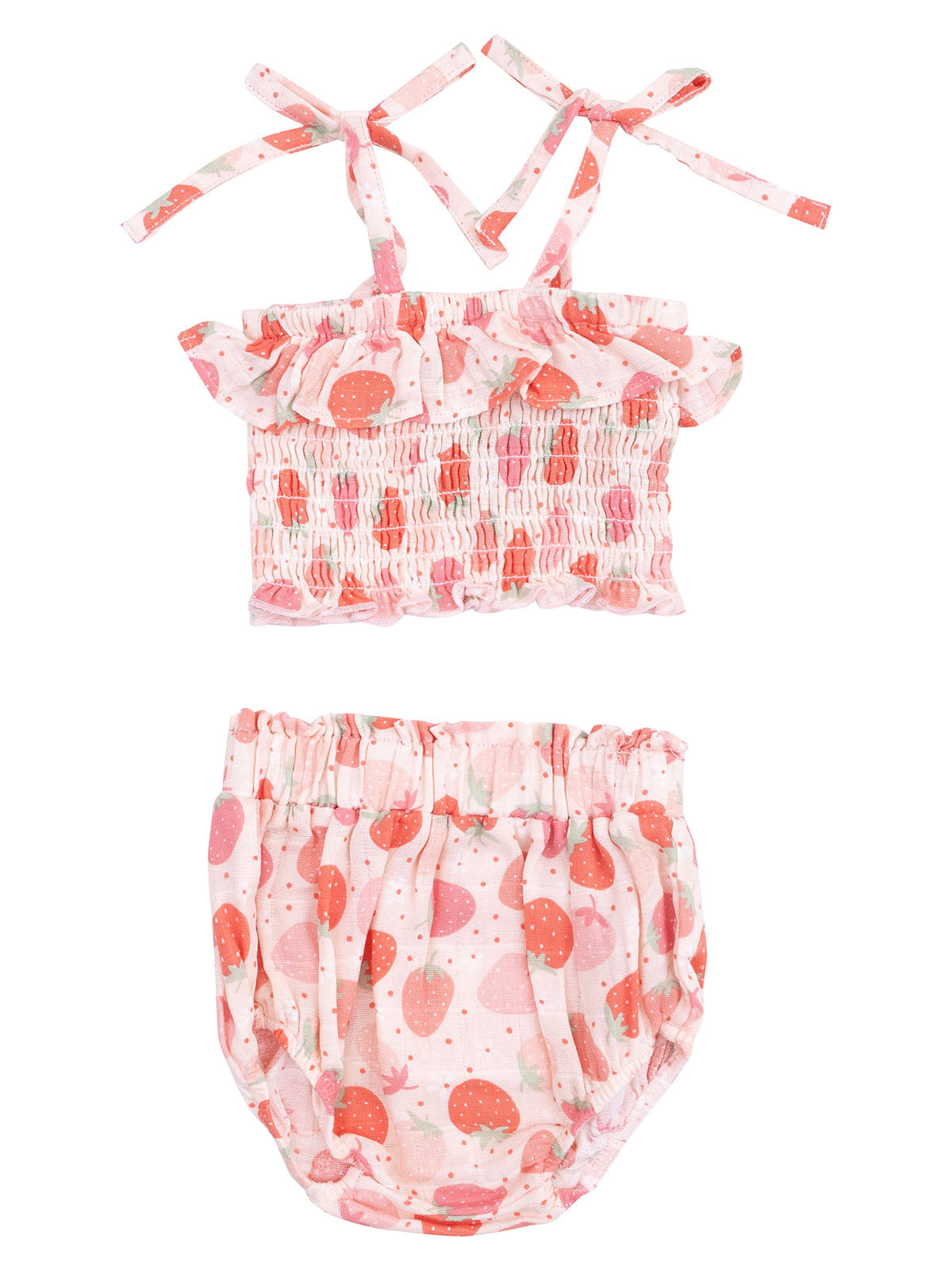 Pink toddler summer outfit with strawberry patterns, featuring a ruffled top and matching bloomers.