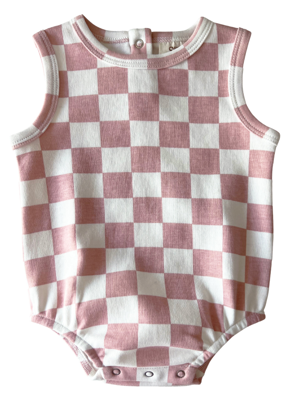 Pink and white checked baby bodysuit with snap buttons at the shoulder and bottom.