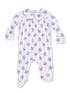 Long-sleeve baby romper with blue floral pattern and pink stripes, featuring a collar.