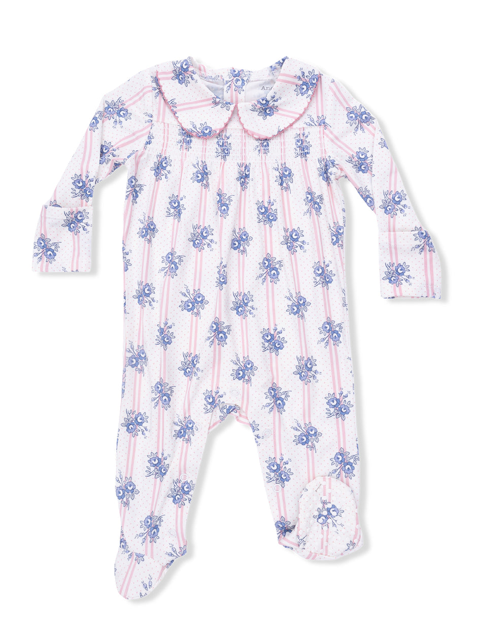 Long-sleeve baby romper with blue floral pattern and pink stripes, featuring a collar.