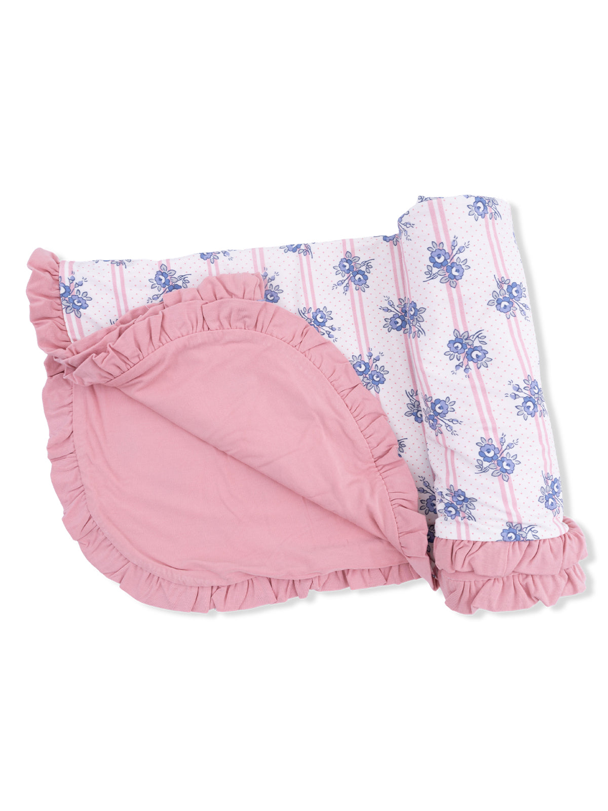 Pink floral blanket with ruffled edges, featuring a white top fabric with blue flowers and pink stripes.