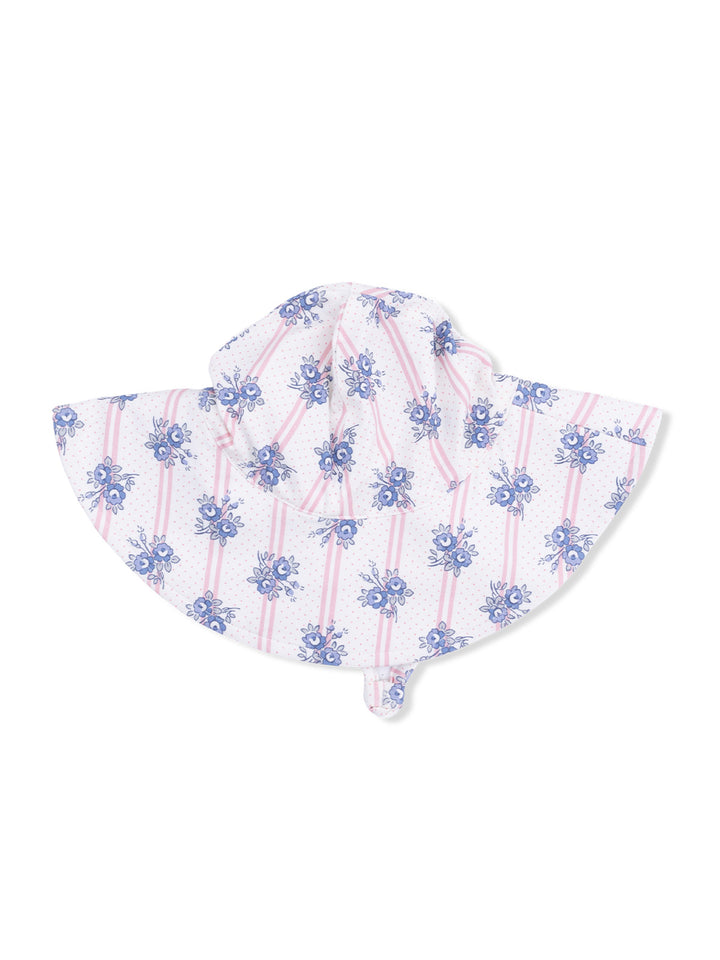 Floral-patterned sun hat with pink stripes, designed for outdoor sun protection and style.