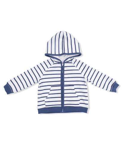 Striped zip-up hoodie in blue and white with a hood and two front pockets, displayed on a white background.