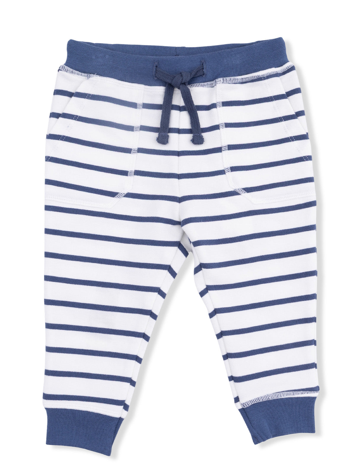 Striped blue and white toddler sweatpants with an elastic waistband and pockets.