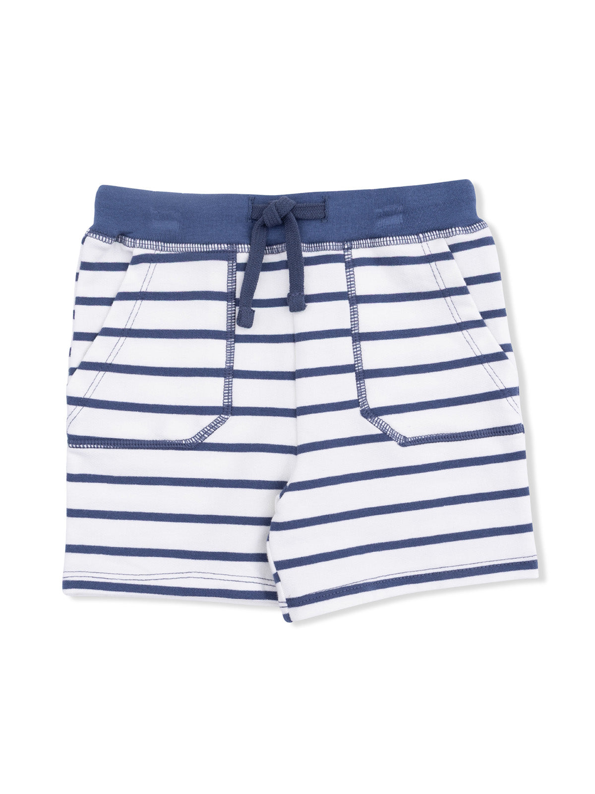 Boys' striped shorts in navy and white, featuring an elastic waistband and front pockets. Ideal for casual wear.